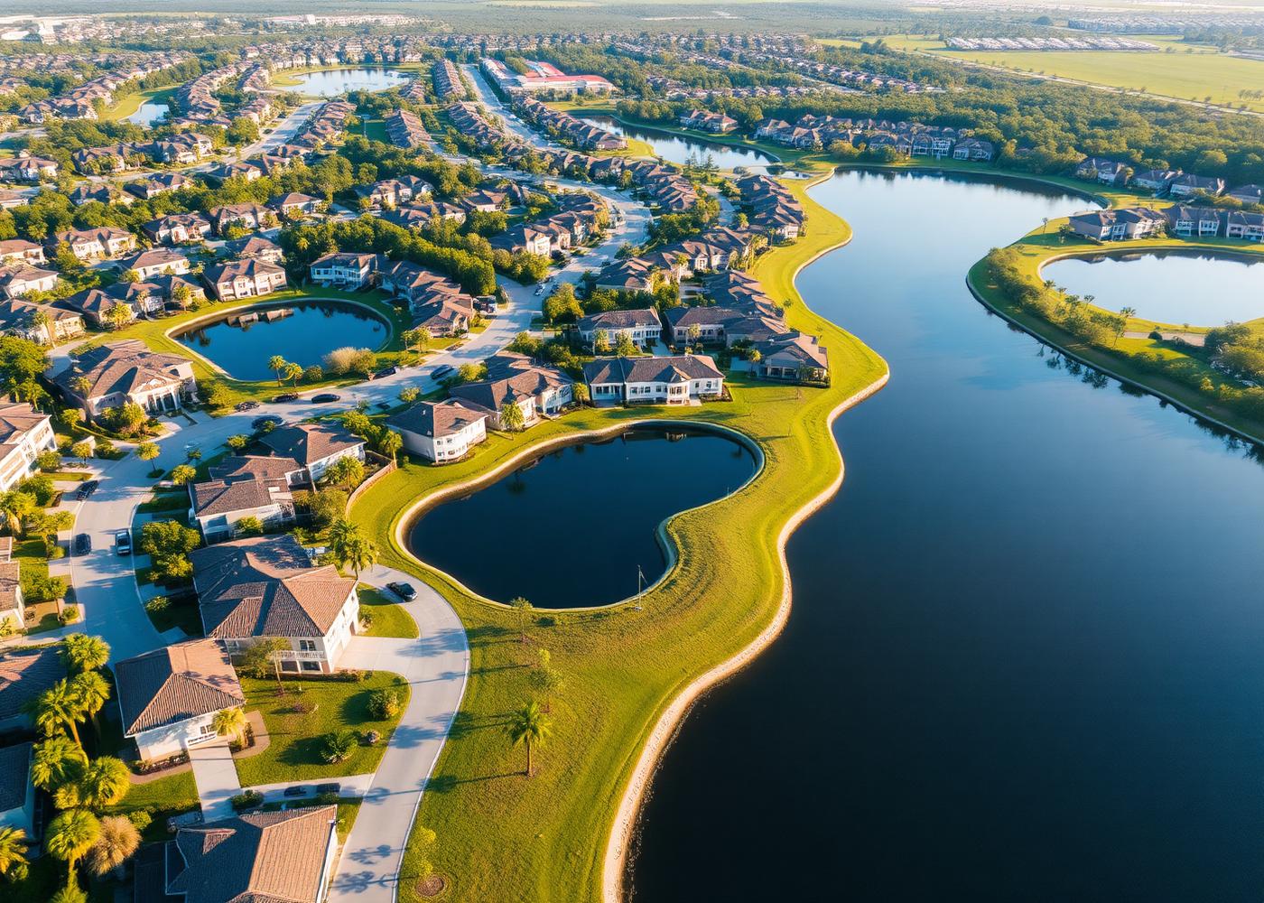 Aerial view of Central Florida lakeside neighborhoods
