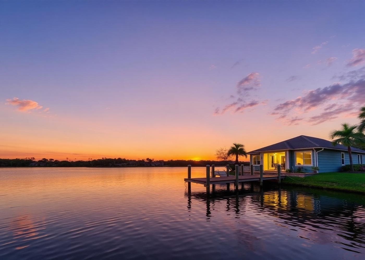Waterfront Florida home at sunset